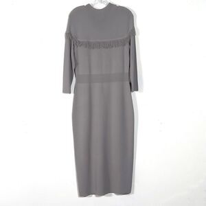 Eva Mendes New York & Co Pullover Knit Midi Dress Sz L Gray Long Sleeve Fringed
